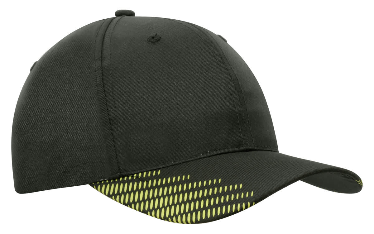 A black cap with a breathable poly twill material and peak flash print in neon yellow. Features a logo.