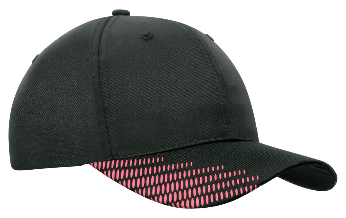A black cap featuring a peak with pink flash print and a logo on the side.