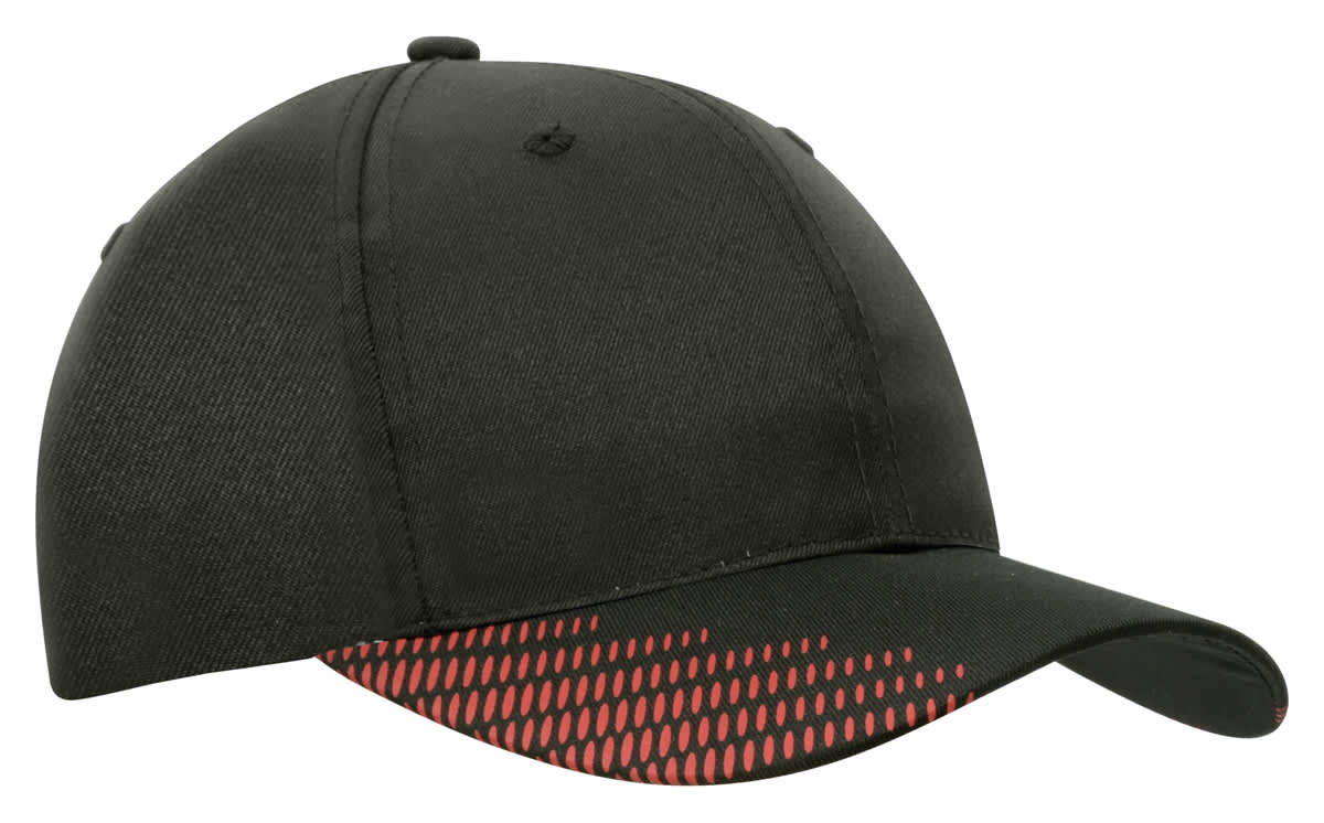 A black cap featuring a peak with red flash print design and a logo on the side.