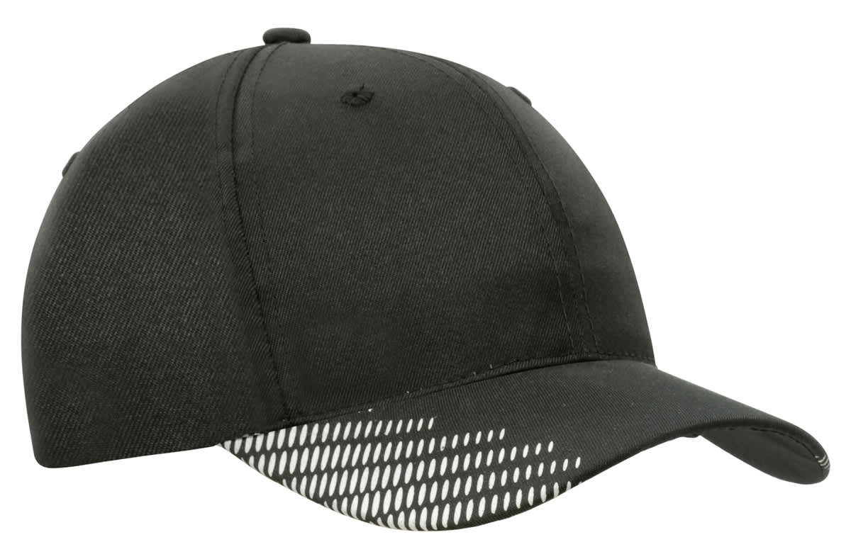 A black cap made of breathable poly twill, featuring a peak with flash print design and a logo.