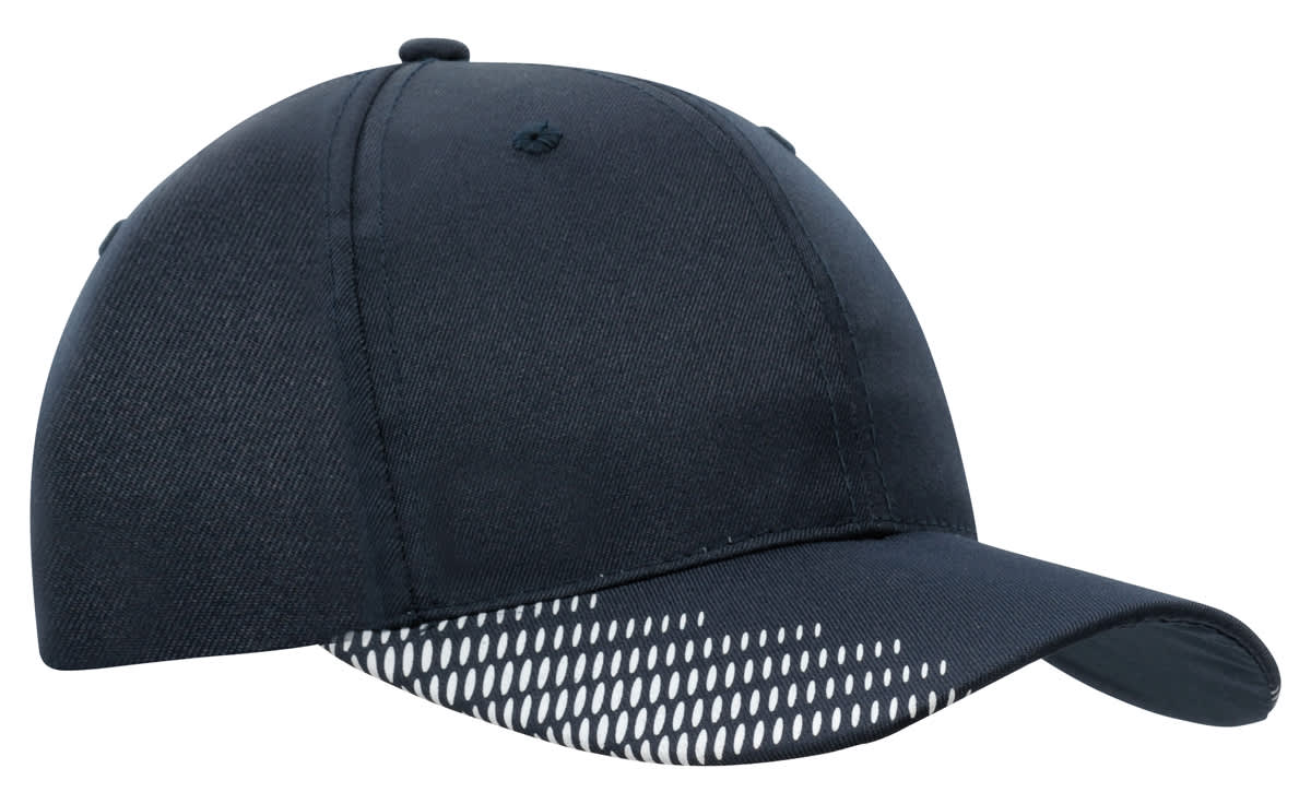 A dark navy cap featuring breathable poly twill fabric and a peak with a flash print design. It has a logo.