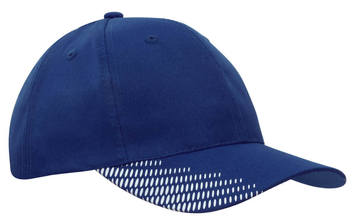A blue cap with a breathable poly twill fabric and a peak featuring a flash print design, including a logo.