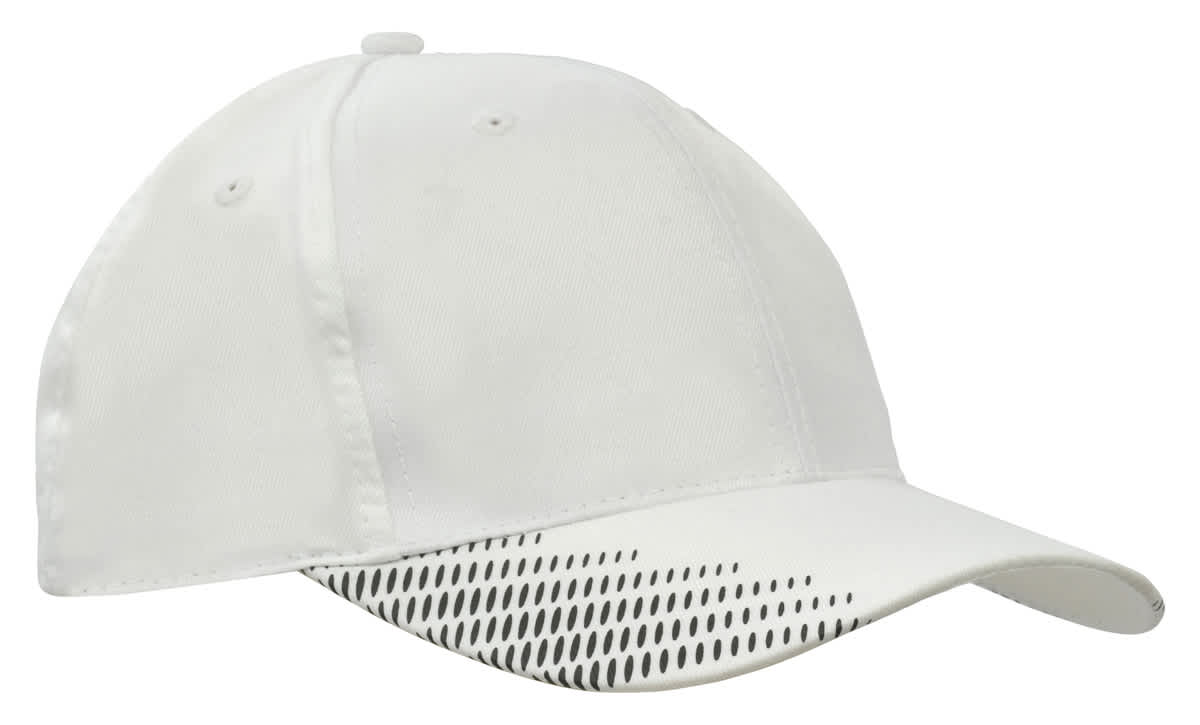 A white cap featuring a breathable poly twill material and peak flash print design, with a logo.