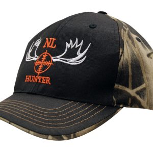A black and camouflage cap featuring a logo with antlers and the word "HUNTER" in orange.
