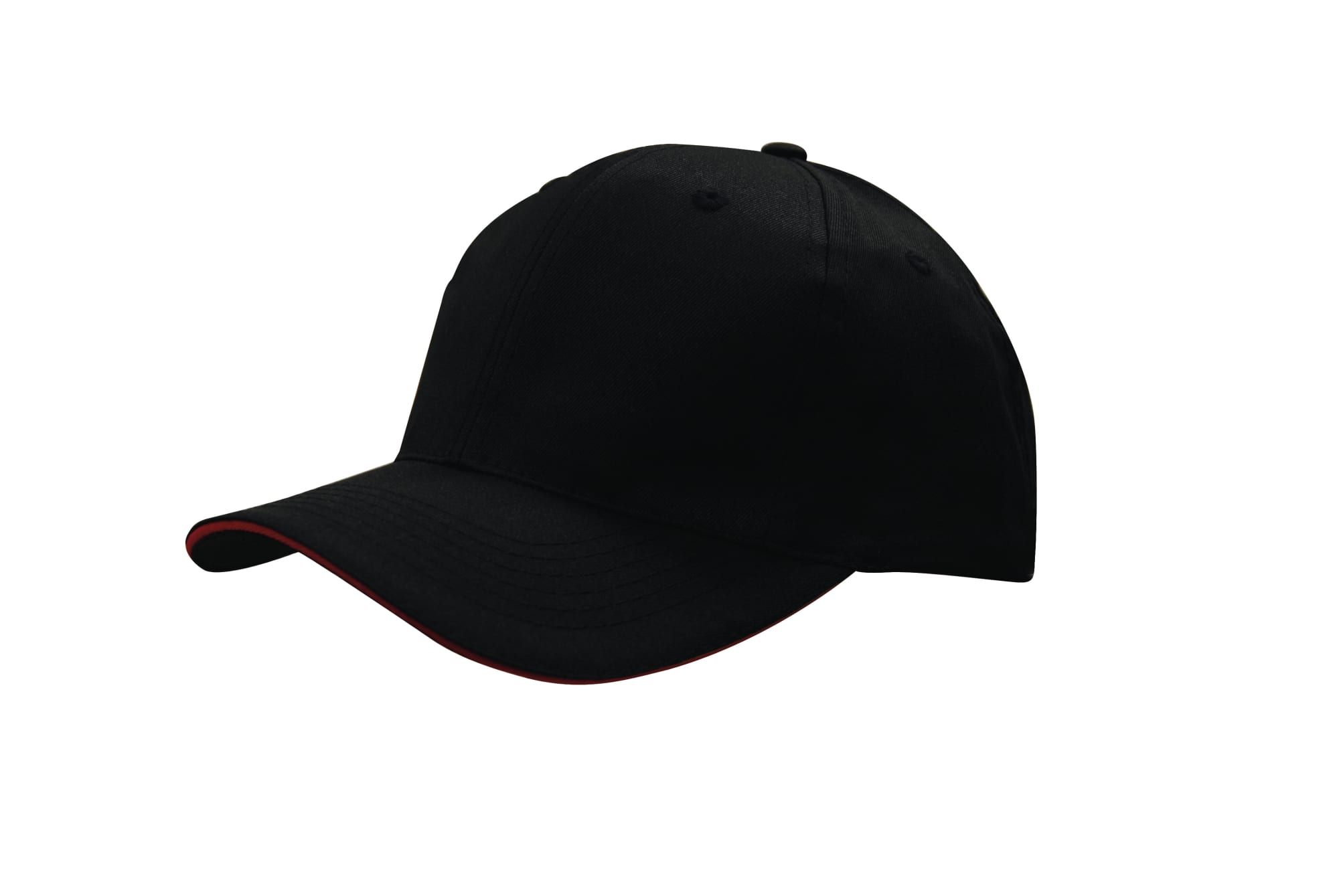 A black cap with a red sandwich brim, featuring a logo on the front. Made from breathable poly twill material.