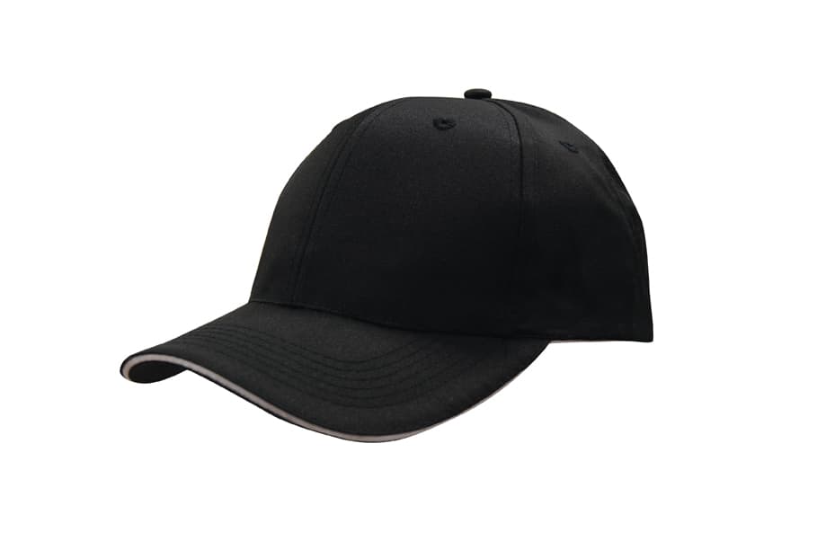 A black breathable poly twill cap with a sandwich peak and logo branding.