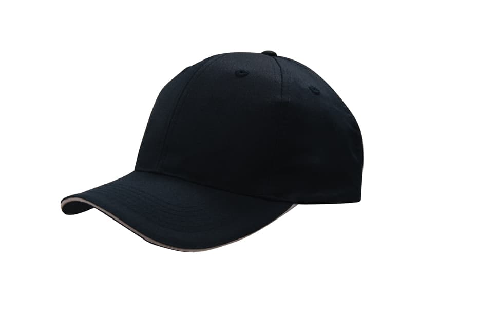 A black cap made from breathable poly twill with a sandwich visor, featuring a logo on the front.