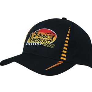 A black cap featuring a small check pattern and a logo on the front. It has a curved brim and embroidered details.