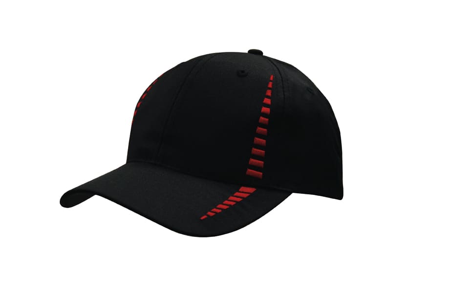 A black cap featuring small red check patterning and a branded logo on the front.