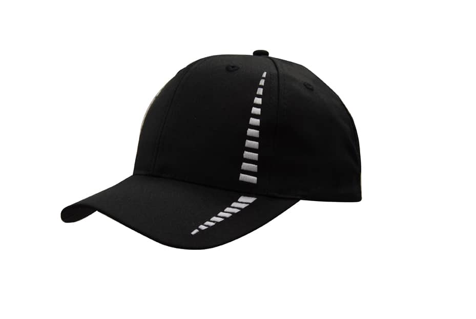 A black cap featuring a breathable poly twill fabric and a small check pattern, with a logo on the front.