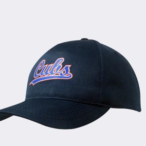 A navy cap featuring a logo and contrasting lettering. The cap has a curved peak and breathable fabric.