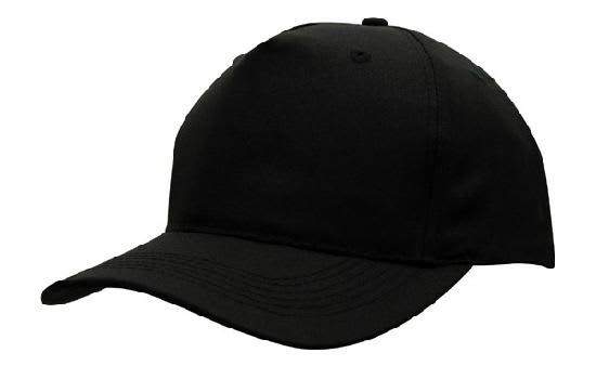 A black breathable poly twill cap with a curved brim and a fitted design. It features a logo on the front.