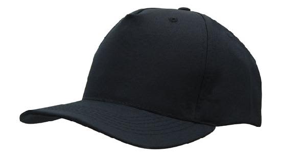 A black breathable poly twill cap with a structured crown and a curved brim, featuring a logo on the side.