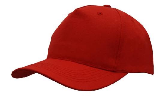 A red breathable poly twill cap with a curved brim and a logo on the front.