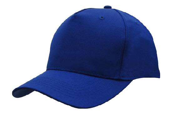 A blue breathable poly twill cap with a rounded crown and curved brim, featuring a logo on the front.