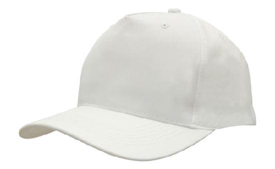 A white breathable poly twill cap featuring a curved brim and a logo on the front.