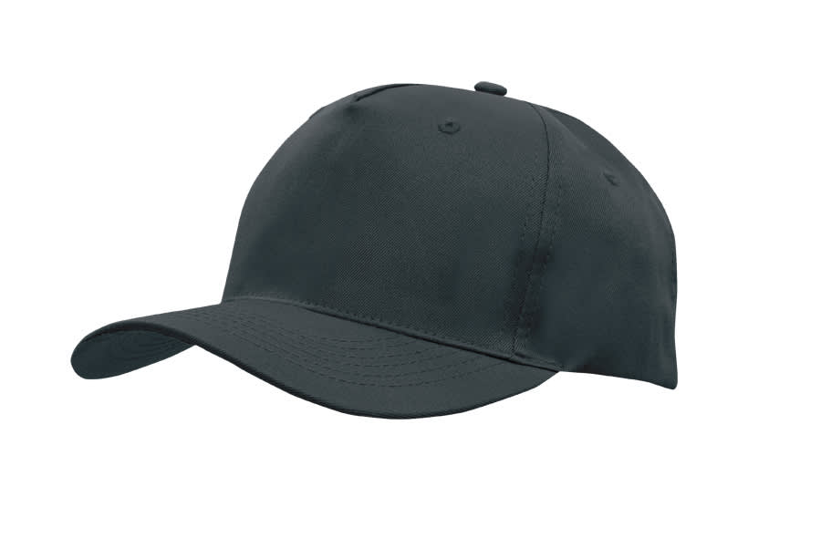 A dark grey cap made from breathable poly twill, featuring a curved brim and a structured design.
