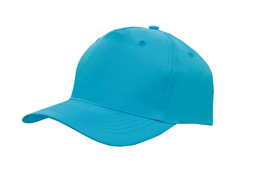 A vibrant turquoise cap made from breathable poly twill, featuring a logo on the front.
