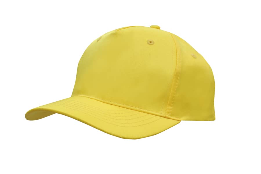 A yellow cap made from breathable poly twill fabric, featuring a curved peak and ventilation eyelets.
