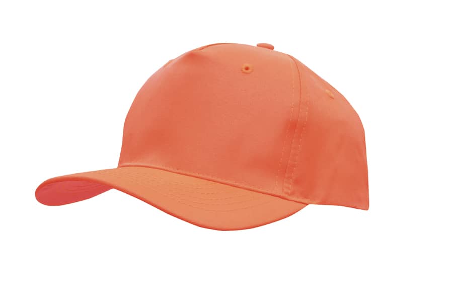 An orange breathable poly twill cap featuring a curved brim and a logo on the side.