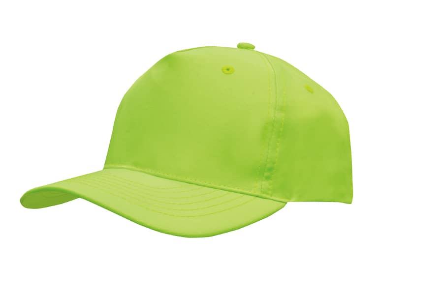 A neon green cap made from breathable poly twill, featuring a curved brim and an adjustable strap at the back.