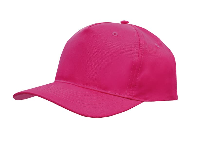 A pink cap made of breathable poly twill with a curved brim and a logo on the front.