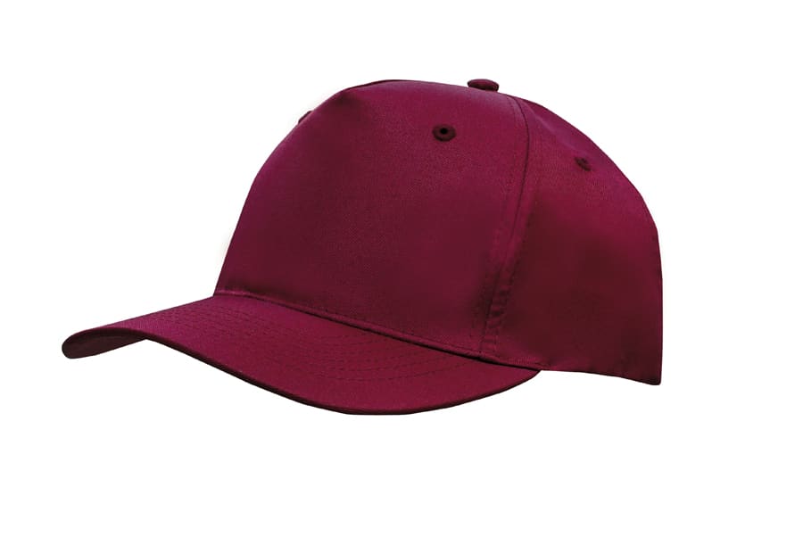 A maroon breathable poly twill cap with a structured design and a curved brim. It features a logo on the side.