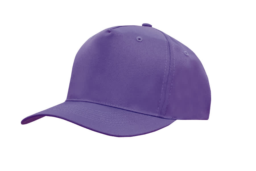 A purple breathable poly twill cap featuring a curved peak and an adjustable strap, with a logo on the side.