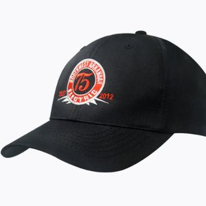 A black cap made from breathable poly twill, featuring a rounded peak and an embroidered logo.
