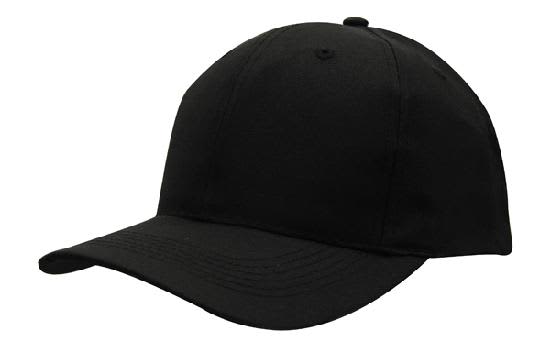 A black breathable poly twill cap with a curved brim and a fitted design. Features a logo on the side.