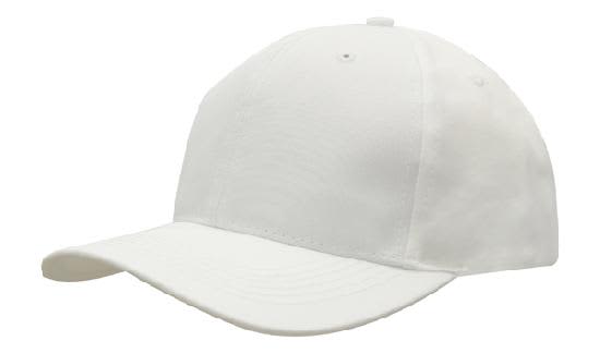 A white breathable poly twill cap with a curved brim and an adjustable back. Features a logo on the front.