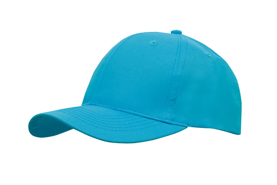 A turquoise cap made from breathable poly twill, featuring a curved brim and a structured crown.