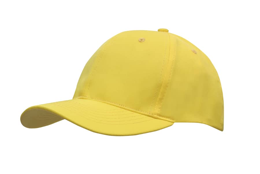 A yellow breathable poly twill cap with a curved brim and a logo on the front.