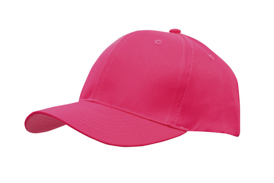 A pink breathable poly twill cap featuring a curved brim and a logo on the front.