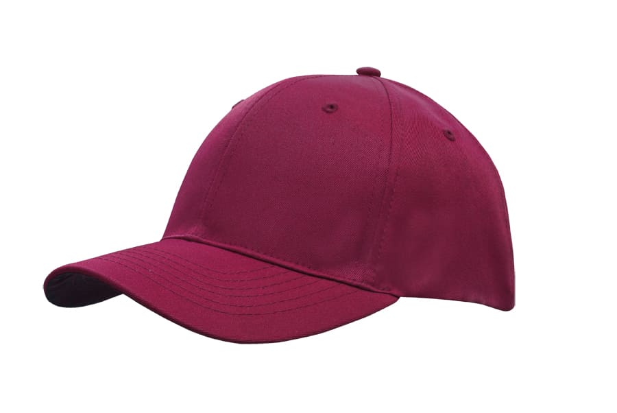 A maroon cap made from breathable poly twill, featuring a curved brim and one logo on the side.