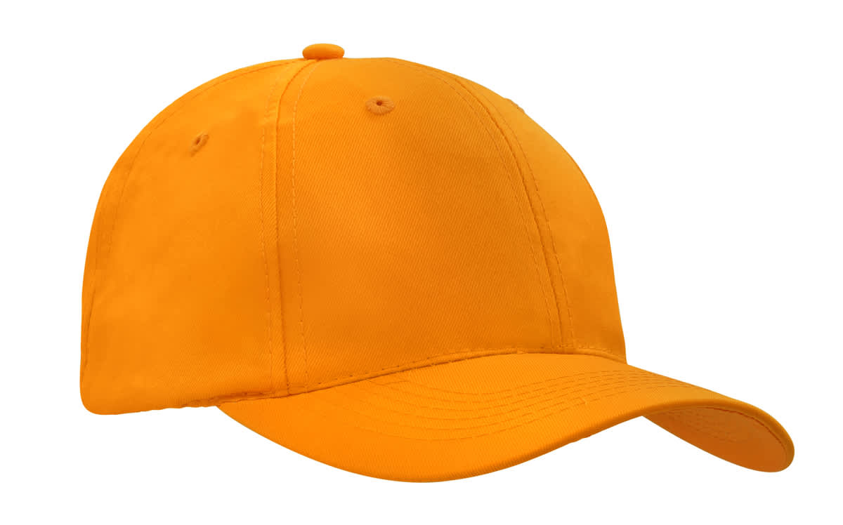 A bright orange cap made from breathable poly twill fabric, featuring a curved brim and a logo.