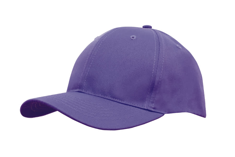 A purple breathable poly twill cap featuring a curved brim and a logo.