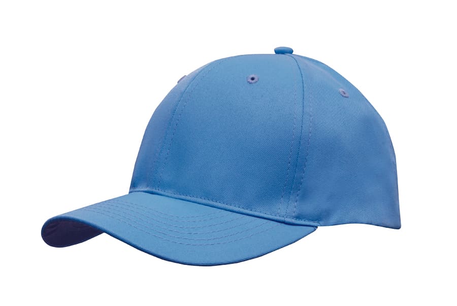 A blue breathable poly twill cap with a curved brim and a logo on the front.