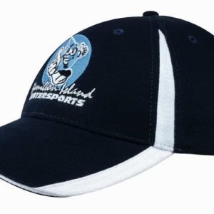 A navy blue cap with white accents, featuring an embroidered logo on the front.
