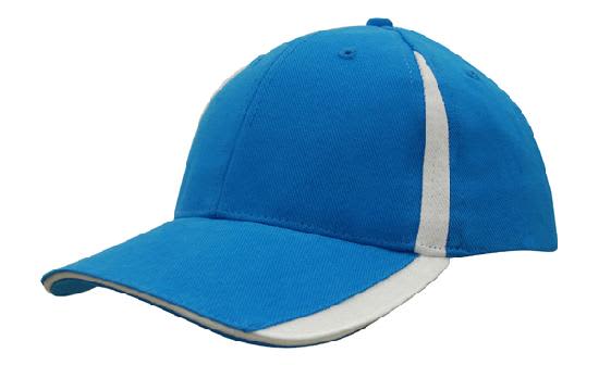 A blue cap with inserts on the peak and crown, featuring contrasting white side accents and a logo.