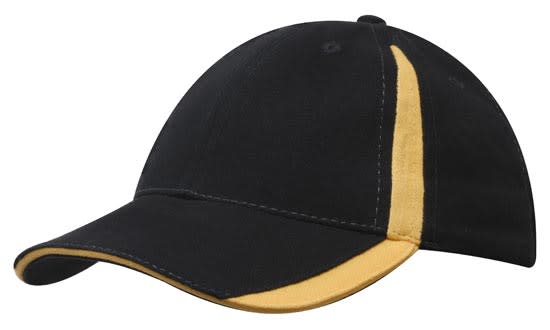 A black cap with a yellow accent on the peak and crown, featuring a logo on the front.
