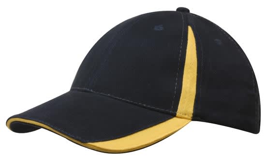 A black cap with a yellow insert on the peak and crown, featuring a logo.