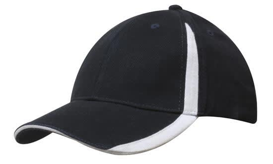 A black cap with white inserts on the peak and crown, featuring an adjustable strap and logo.
