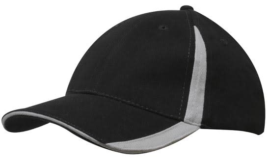 A black brushed heavy cotton cap featuring grey inserts on the peak and crown, with a logo on the front.