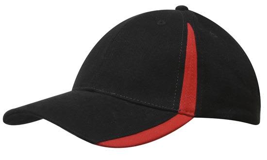A black cap with a red insert on the peak and crown, featuring a logo on the front.