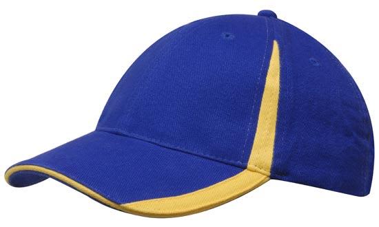 A blue cap with yellow accents along the peak and crown, featuring a small logo.