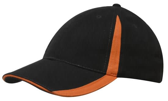 A black cap with an orange accent on the peak and crown, featuring a logo on the front.