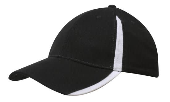 A black cotton cap featuring white inserts on the peak and crown, with a logo on the front.