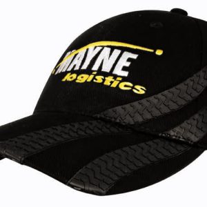 A black cap featuring tyre track designs and a logo on the front, made from heavy cotton material.