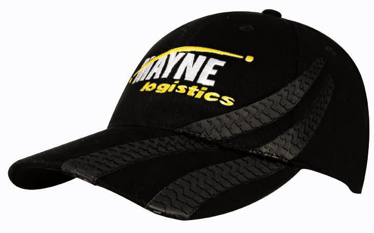 A black cap featuring tyre track designs and a logo on the front, made from heavy cotton material.